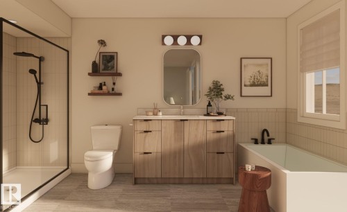 Spacious bathroom featuring a glass-enclosed shower, a separate soaking tub, and a single vanity with stone-finish countertop - 20 Clichy Close, St. Albert, AB 