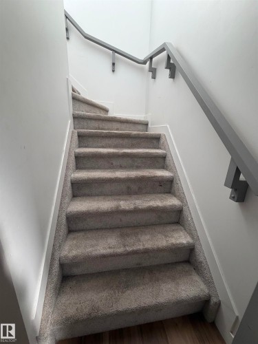 Carpeted staircase with contemporary grey handrail - 11442 82 Street Nw, Edmonton, AB 