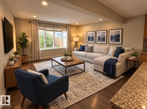 Recessed lighting illuminates this living space featuring durable wood-finish flooring, a large window providing ample natural light, and a built-in media console - 7065 Cardinal Way Sw, Edmonton, AB 