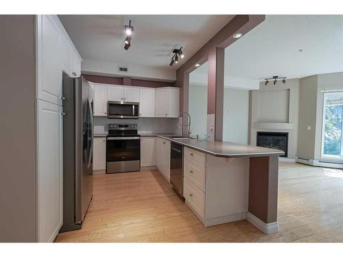 126-5300 48 Street, Red Deer, AB - Indoor Photo Showing Kitchen With Fireplace With Stainless Steel Kitchen