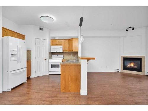 324-5300 48 Street, Red Deer, AB - Indoor Photo Showing Kitchen With Fireplace