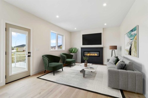 10 Aura Drive, Blackfalds, AB - Indoor Photo Showing Living Room With Fireplace