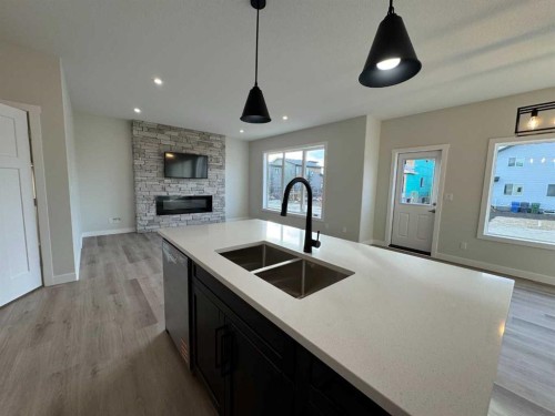 38 Tagish Avenue, Red Deer, AB - Indoor Photo Showing Kitchen With Fireplace With Double Sink