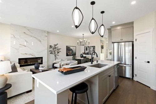 203 Huxland Path Ne, Calgary, AB - Indoor Photo Showing Kitchen With Fireplace With Upgraded Kitchen