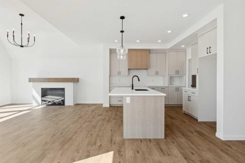 93 Bartlett Way Se, Calgary, AB - Indoor Photo Showing Kitchen With Fireplace