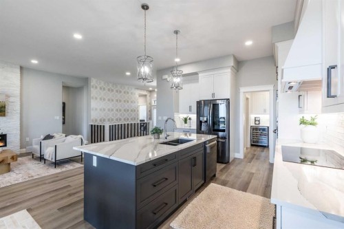 57 Hamptons Gate Se, Medicine Hat, AB - Indoor Photo Showing Kitchen With Fireplace With Double Sink
