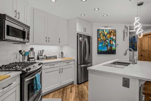 205-600 Spring Creek Drive, Canmore, AB - Indoor Photo Showing Kitchen With Double Sink With Upgraded Kitchen