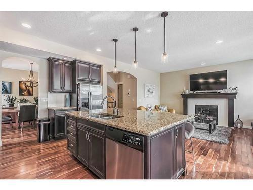 128 Mike Ralph Way Sw, Calgary, AB - Indoor Photo Showing Kitchen With Fireplace With Double Sink With Upgraded Kitchen