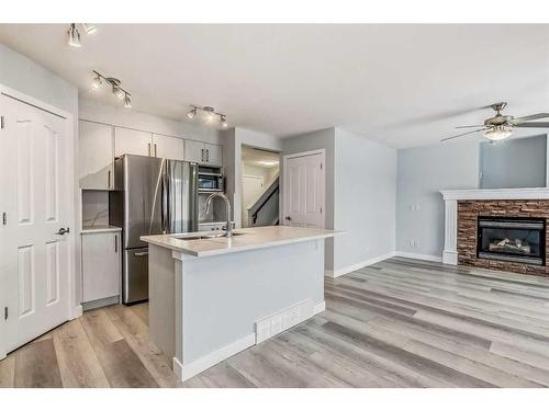 158 Saddlecrest Close Ne, Calgary, AB - Indoor Photo Showing Kitchen With Fireplace With Stainless Steel Kitchen