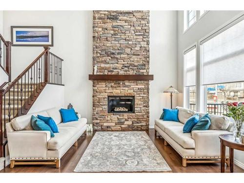 538 Mahogany Manor Se, Calgary, AB - Indoor Photo Showing Living Room With Fireplace