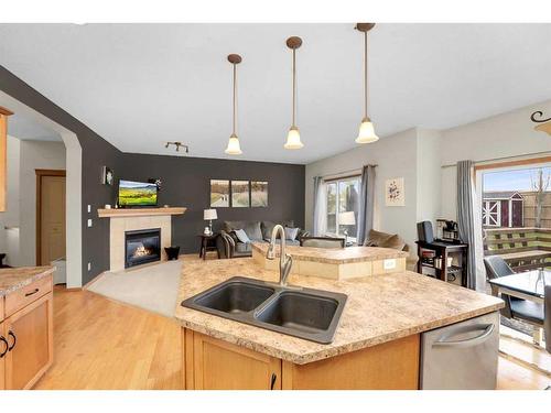 98 Chapman Close Se, Calgary, AB - Indoor Photo Showing Kitchen With Fireplace With Double Sink