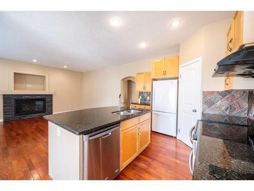 219 Panamount Circle Nw, Calgary, AB - Indoor Photo Showing Kitchen With Fireplace With Double Sink