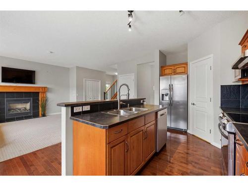 976 Copperfield Boulevard Se, Calgary, AB - Indoor Photo Showing Kitchen With Fireplace With Double Sink