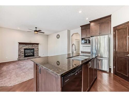 1204 New Brighton Drive Se, Calgary, AB - Indoor Photo Showing Kitchen With Fireplace With Double Sink