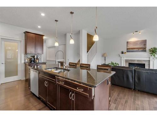 34 Sage Berry Way Nw, Calgary, AB - Indoor Photo Showing Kitchen With Fireplace With Double Sink With Upgraded Kitchen