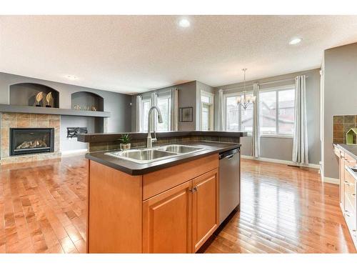 753 Auburn Bay Boulevard Se, Calgary, AB - Indoor Photo Showing Kitchen With Fireplace With Double Sink