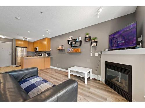 # 202-35 Richard Court Sw, Calgary, AB - Indoor Photo Showing Living Room With Fireplace