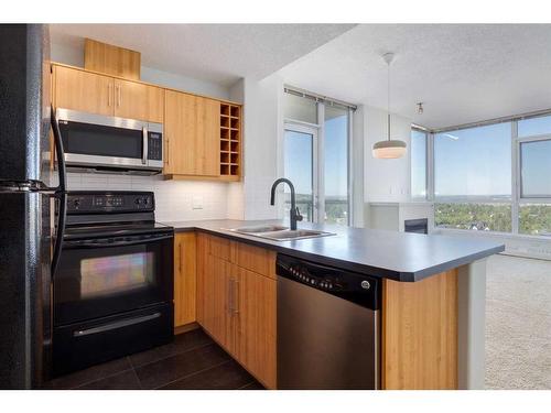 1507-55 Spruce Place Sw, Calgary, AB - Indoor Photo Showing Kitchen With Double Sink