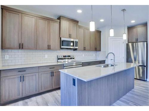 954 Cobblemore Common Sw, Airdrie, AB - Indoor Photo Showing Kitchen With Stainless Steel Kitchen With Double Sink With Upgraded Kitchen