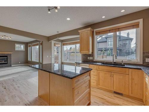 3 Evergreen Square Sw, Calgary, AB - Indoor Photo Showing Kitchen With Fireplace