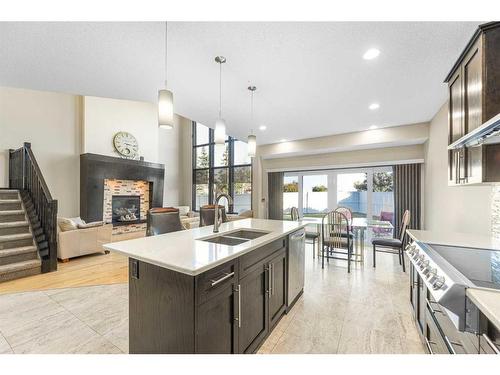 245 Chapalina Mews Se, Calgary, AB - Indoor Photo Showing Kitchen With Fireplace With Double Sink With Upgraded Kitchen