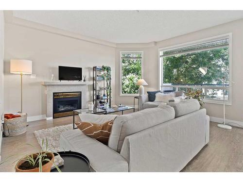 203-8108 109 Street Nw, Edmonton, AB - Indoor Photo Showing Living Room With Fireplace