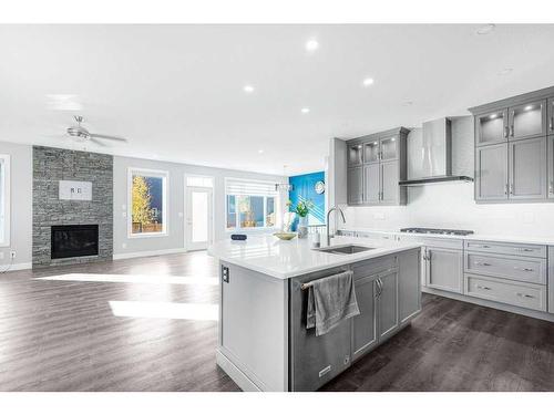 51 Carrington Crescent Nw, Calgary, AB - Indoor Photo Showing Kitchen With Fireplace With Upgraded Kitchen