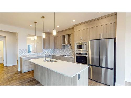 123 Saddlebred Link, Cochrane, AB - Indoor Photo Showing Kitchen With Stainless Steel Kitchen With Double Sink With Upgraded Kitchen