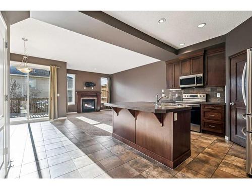 113 Brightoncrest Grove Se, Calgary, AB - Indoor Photo Showing Kitchen With Fireplace With Upgraded Kitchen