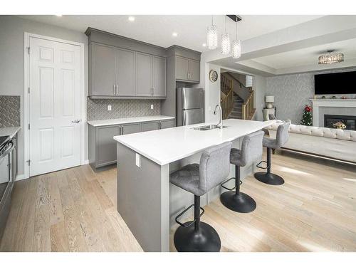 24 Carrington Rise Nw, Calgary, AB - Indoor Photo Showing Kitchen With Fireplace With Double Sink With Upgraded Kitchen