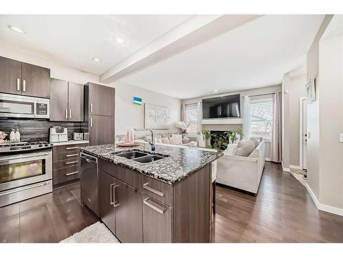 2034 New Brighton Park Se, Calgary, AB - Indoor Photo Showing Kitchen With Fireplace With Double Sink With Upgraded Kitchen