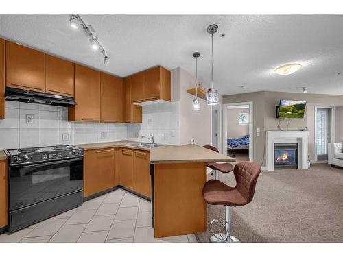 312-35 Richard Court Sw, Calgary, AB - Indoor Photo Showing Kitchen With Fireplace