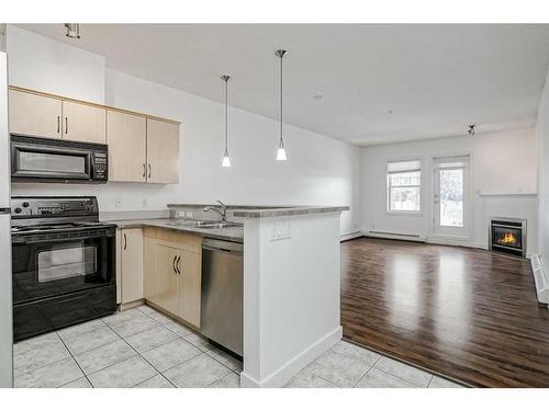 105-1408 17 Street Se, Calgary, AB - Indoor Photo Showing Kitchen With Fireplace With Double Sink