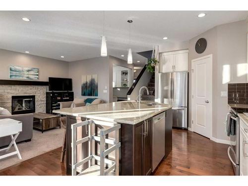 175 Cranford Green Se, Calgary, AB - Indoor Photo Showing Kitchen With Fireplace With Upgraded Kitchen