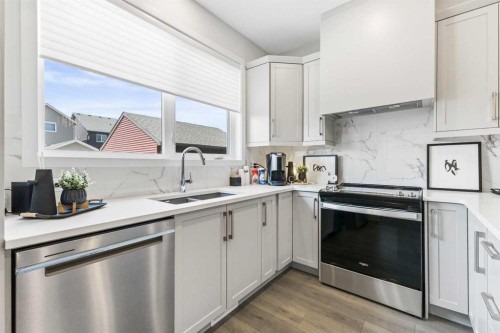 63 Heirloom Boulevard Se, Calgary, AB - Indoor Photo Showing Kitchen With Stainless Steel Kitchen With Double Sink