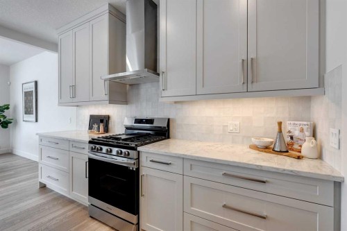 483 Rivercrest View, Cochrane, AB - Indoor Photo Showing Kitchen With Upgraded Kitchen