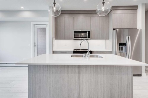 2215-6 Merganser Drive West, Chestermere, AB - Indoor Photo Showing Kitchen With Double Sink With Upgraded Kitchen