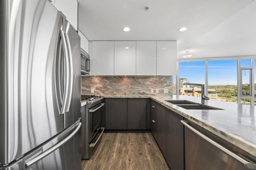 1102-519 Riverfront Avenue Se, Calgary, AB - Indoor Photo Showing Kitchen With Double Sink With Upgraded Kitchen