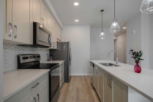 102-200 Shawnee Square Sw, Calgary, AB - Indoor Photo Showing Kitchen With Double Sink With Upgraded Kitchen