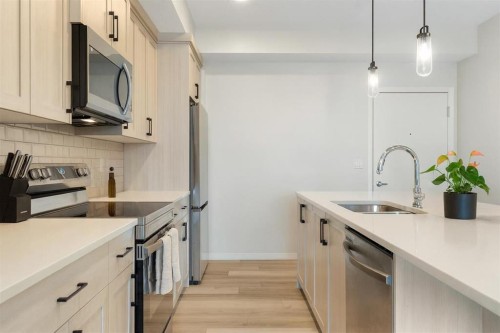308-80 Carrington Plaza Nw, Calgary, AB - Indoor Photo Showing Kitchen With Stainless Steel Kitchen With Upgraded Kitchen