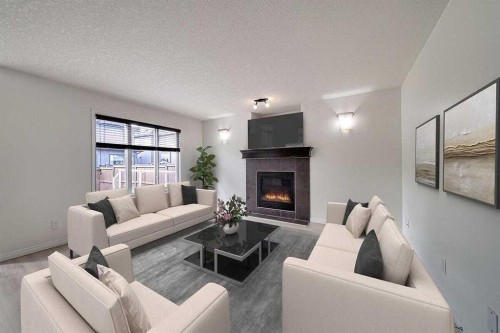 106 Sage Meadows Way Nw, Calgary, AB - Indoor Photo Showing Living Room With Fireplace