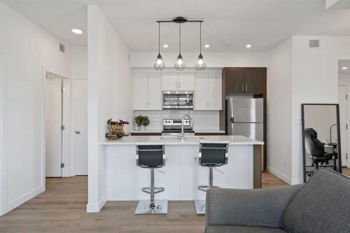 217-205 Spring Creek Common Sw, Calgary, AB - Indoor Photo Showing Kitchen With Upgraded Kitchen