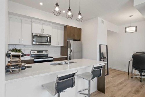 217-205 Spring Creek Common Sw, Calgary, AB - Indoor Photo Showing Kitchen With Double Sink With Upgraded Kitchen