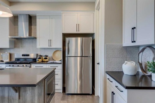 111 Sundown Crescent, Cochrane, AB - Indoor Photo Showing Kitchen With Upgraded Kitchen