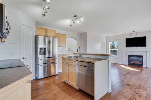 201 Crystalridge Rise, Okotoks, AB - Indoor Photo Showing Kitchen With Fireplace With Double Sink