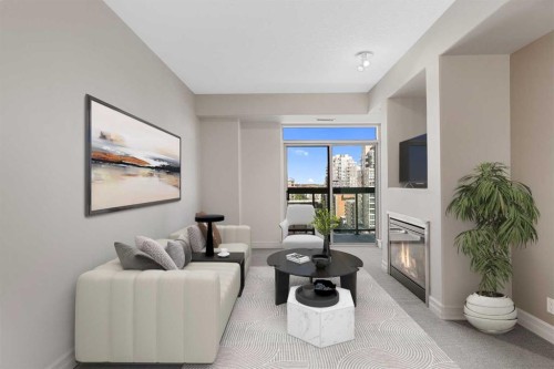 1108-836 15 Avenue Sw, Calgary, AB - Indoor Photo Showing Living Room With Fireplace