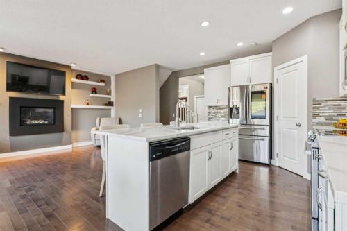 42 Chaparral Valley Place Se, Calgary, AB - Indoor Photo Showing Kitchen With Fireplace With Stainless Steel Kitchen With Upgraded Kitchen