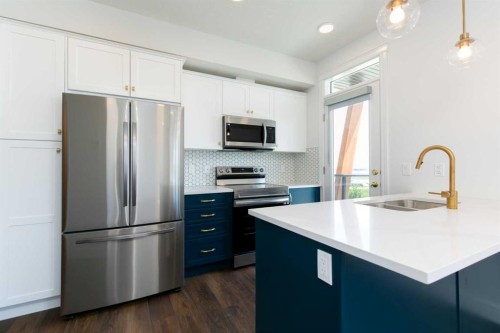 209-414 Seton Passage Se, Calgary, AB - Indoor Photo Showing Kitchen With Stainless Steel Kitchen With Double Sink With Upgraded Kitchen