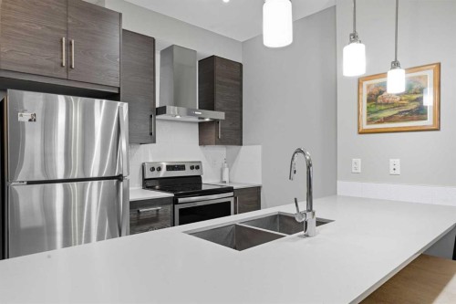 304-122 Mahogany Centre Se, Calgary, AB - Indoor Photo Showing Kitchen With Stainless Steel Kitchen With Double Sink With Upgraded Kitchen