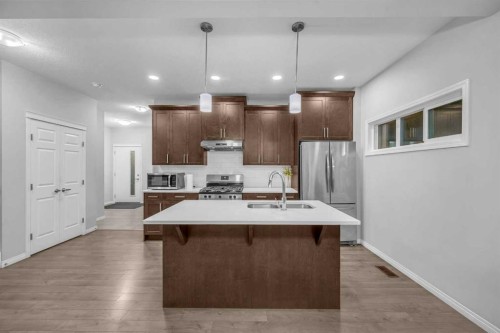 96 Savanna Lane Ne, Calgary, AB - Indoor Photo Showing Kitchen With Stainless Steel Kitchen With Double Sink With Upgraded Kitchen